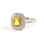 A yellow sapphire and diamond dress ring, with rectangular cut yellow sapphire, 7.2mm x 5.4mm x 3mm,