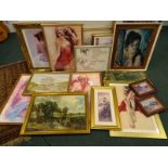 Various pictures, prints, to include woodland landscape, figures of women, etc. (a quantity)