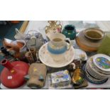 Decorative china and effects, to include a wash jug, large alarm clock, various vases, treen