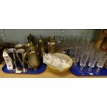 Drinking glasses, a set of four Windsor silver ware goblets, plated wares, etc. (2 trays and loose)