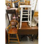 Sundry furniture, to include an oak drop leaf table, child's highchair, office chair, piano stool,