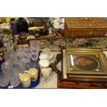 Various commemorative mugs, drinking glasses, decanter, plated wares, wicker basket, pictures,