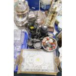 Plated wares, to include lidded tureens, toast rack, continental pipe, brass hand bell with turned