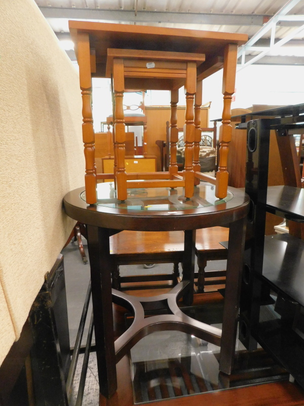 Sundry furniture, to include a corner TV stand, glass topped coffee table, nest of two tables,