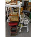 Sundry furniture, to include a two tier hostess trolley, Lloyd Loom style stool, various mobility