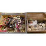 Two jewellery boxes and contents, to include clip on earrings, brooches, bangles, silver plated