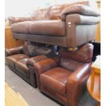 A modern brown three seater leather sofa, matching two seater and a similar armchair (3).