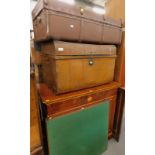A yew two door side cabinet, a felt topped games table, a metal trunk and another (4).