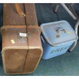 A mid 20thC enamel bread bin in blue and a suitcase.