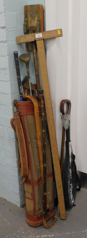 Various golf clubs, tennis racket, etc. (a quantity).