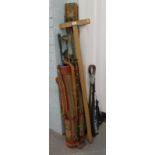 Various golf clubs, tennis racket, etc. (a quantity).