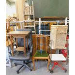 Sundry furniture, to include an office chair, oak two tier occasional table, retro pan stand, wicker