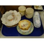 A Victorian blue and white toothbrush holder, Limoges shell dish, other smaller dishes, two