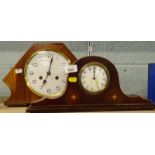 A walnut and simulated marquetry Art Deco shaped mantel clock, and an Edwardian mahogany and