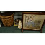 An oak framed embroidered fire screen, enamel jug, pictures, prints, etc. (a quantity)