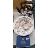 A treacle glaze teapot, green Wedgewood Jasperware bowl, (AF), two Royal Crown Derby napkin rings,