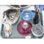 Glassware to include paperweights, cut glass vase, ashtray, possibly Whitefriars and Murano