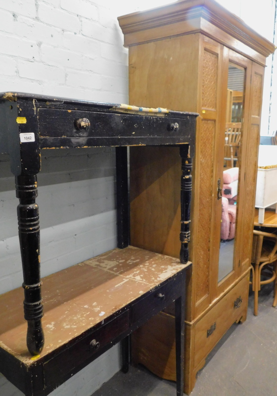 Two Victorian painted side tables and an Edwardian painted single door wardrobe, (AF).