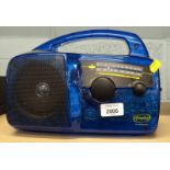 A Freeplay wind-up radio, in blue plastic casing.