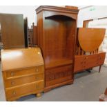 A teak drop leaf table, bureau, dressing table and a cherry wood freestanding bookcase (a