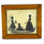 A mid 19thC Continental silhouette painting, depicting a lady and two children with model boat,