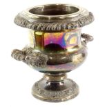 An early 20thC silver plated wine cooler, of campana form with bellied body and shaped handles, on a