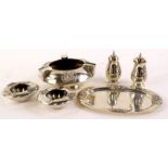Various small white metal items, a two piece cruet set comprising salt pot and pepper pot, 5cm high,