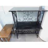 Pair of wrought iron and ebonised side or coffee tables, and a further side table.
