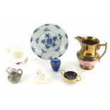 A collection of ceramics, to include blue and white Delft plate, Bloor Derby cream jug, copper
