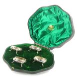 A cased set of four Victorian silver open salts, Mappin Bros. case, each with an upper bead