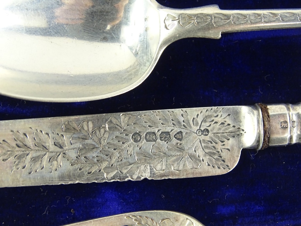 A George V silver christening set, comprising fiddle pattern spoon and fork and a knife, each - Image 2 of 2