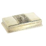 A white metal cigarette case, of rectangular form, with a strap panel, raised with god and