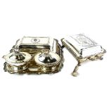 Various silver plated ware, a matched pair of early 20thC entree dishes, each with a gadrooned