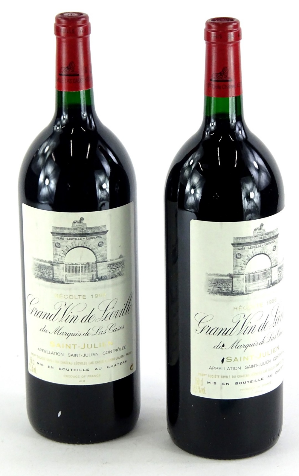 Two bottles of Grand Vin-de-leovill, Recolte 1996, St Julien red wine, 150cl or magnum.