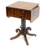 A George IV mahogany work table, the rectangular top with two drop leaves, above an arrangement of