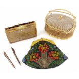 A collection of ladies bags etc., to include a beadwork example with ivorine clasp, moulded with