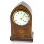 An Edwardian mahogany and inlaid mantel clock, of lancet shape, with French painted dial and brass