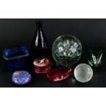 A collection of coloured glass, to include Victorian cranberry tinted Mary Gregory style box and