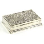 A white metal cigarette case, of rectangular form, with thumb mould opening, the lid repousse