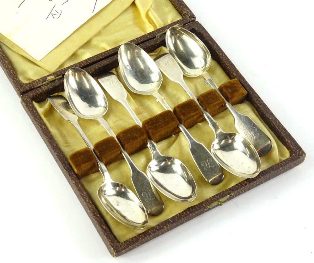 A set of six William IV silver fiddle pattern teaspoons, each engraved with the initial H, London