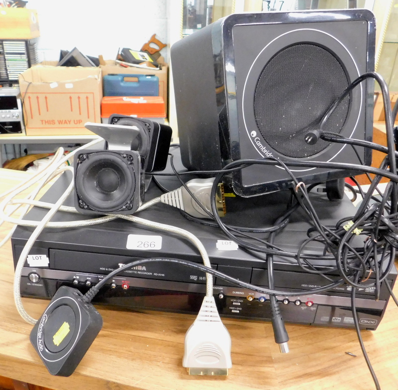 A Cambridge Audio speaker, and two smaller speakers etc.