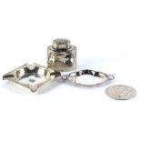 A collection of small silver, to include an oval tea caddy (AF), square ashtray, miniature two