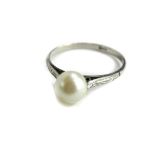 A cultured pearl dress ring, with single cultured pearl, in tension setting, with scroll design