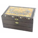 A late 19thC ebony jewellery box, the hinged lid inlaid with flowers, birds, leaves, etc., in