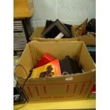 Two boxes containing various items, to include an Altec speaker, Sony and Samsung cameras, blank