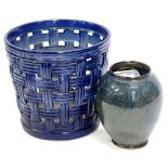 A modern blue glazed basket weave type jardiniere, and a Studio Pottery bullet shaped vase (2).