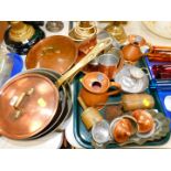 A group of kitchenalia, including copper half gill and gill jugs, copper saucepans, moulds, etc. (