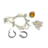 Silver and costume jewellery, including a silver charm bracelet, dress ring and a pair of hoop