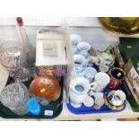 Ceramics and glass, including a cranberry glass salt, carnival amber glass dish, preserve pot and