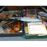 Art Deco moulded glass dressing table sets, fire irons, metal plaques, glass ceramics, basket and